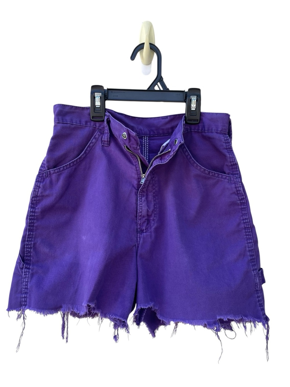 Vintage Rustler High-Rise Purple Denim Carpenter Shorts Cutoffs Sz 7 - Picture 2 of 9